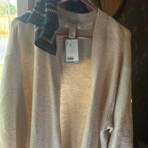 NWT LONG OPEN TAN CARDI, ribbed sleeved poly/ wool/ acrylic/ tall/ xxl./warm 🍁